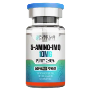 5-Aminio-1MQ-10mg research peptide vial with dosage and benefit information