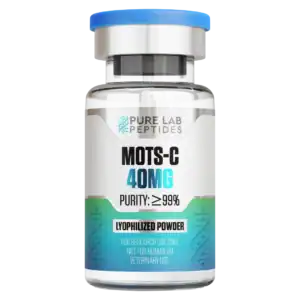 MOTS-c-40mg research peptide vial with dosage and benefit information