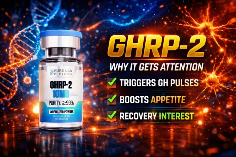 GHRP-2 research peptide vial with dosage and benefit information